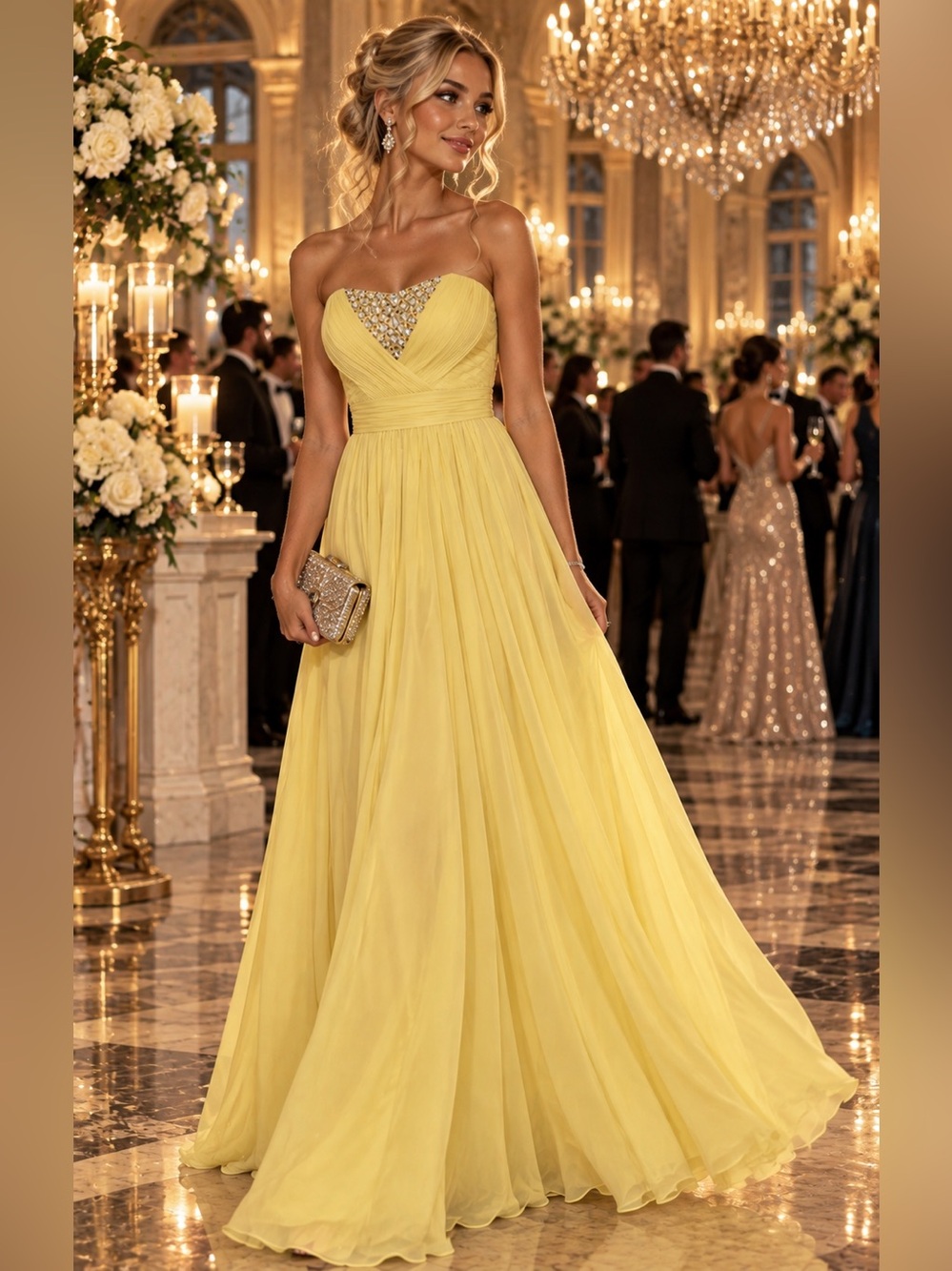 Cache Yellow Rhinestone Chiffon Formal Gown Size 4